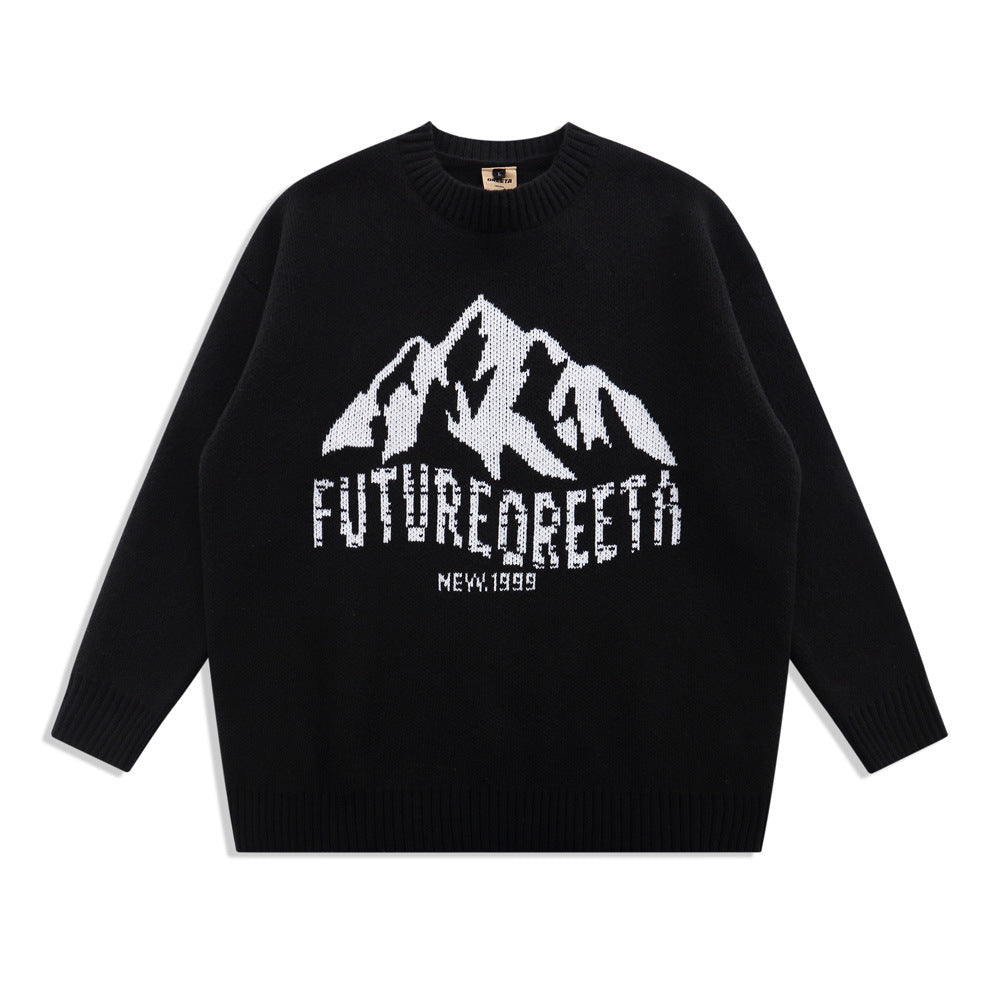 Snow Mountain Letter Jacquard Knit Men's Street Trend Loose Round Neck Sweater