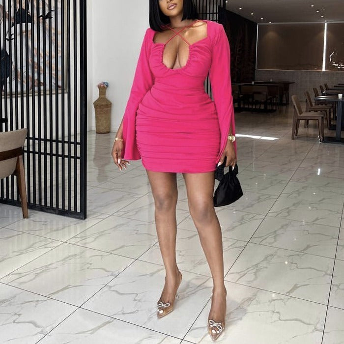 Sexy V-neck Tied Long Sleeves Split Dress