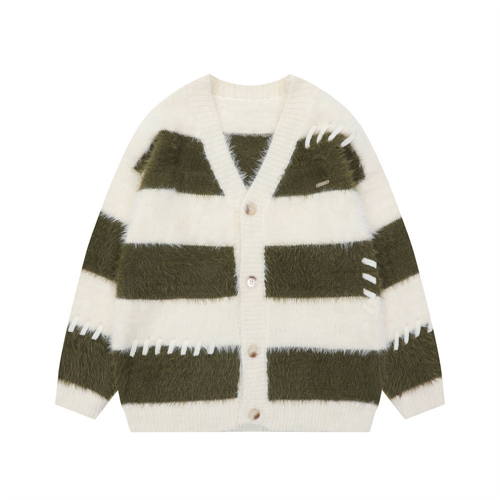 Contrast Color Striped Mink-like V-neck Sweater Coat