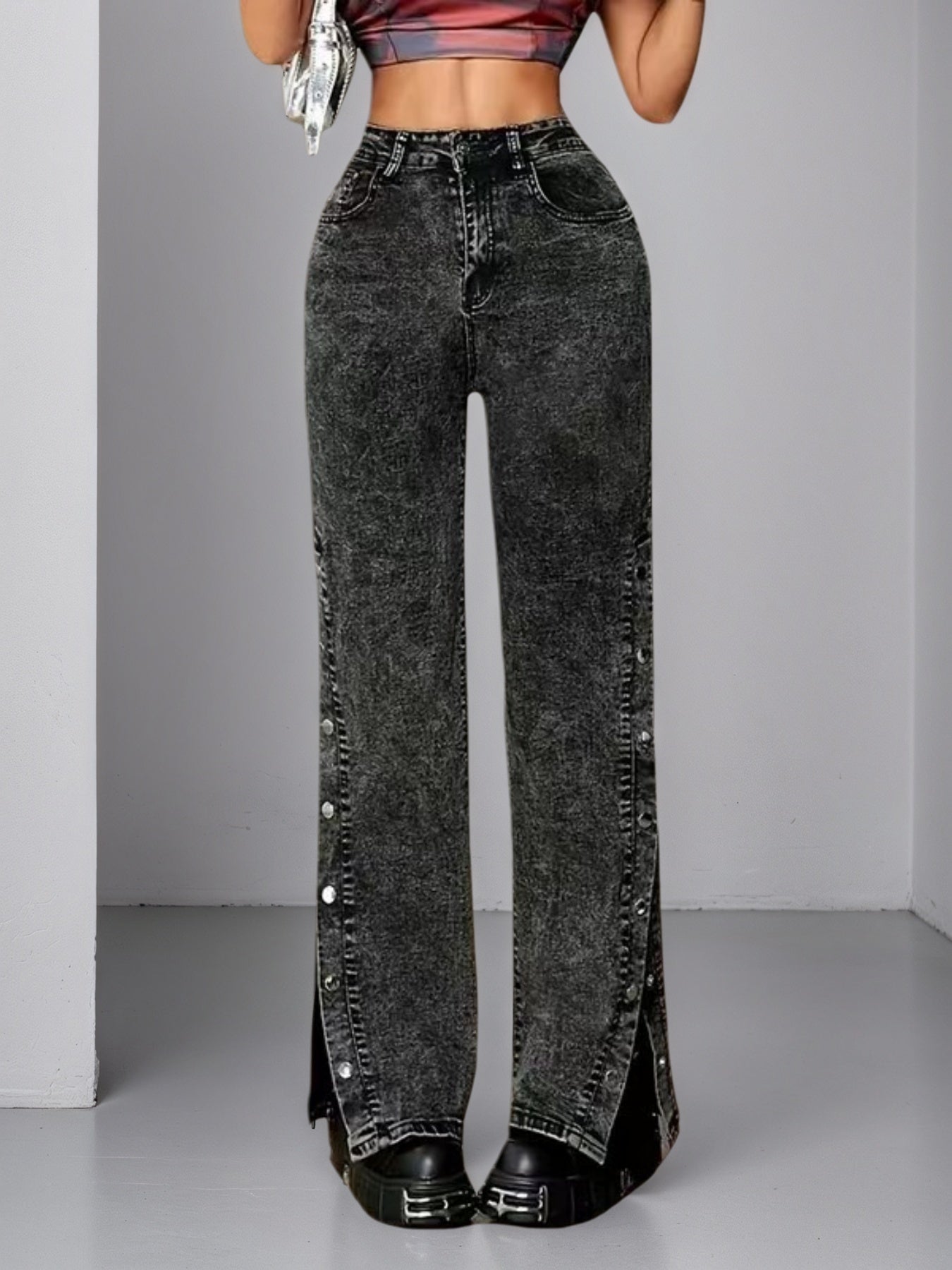 High Waisted Slightly Flared Jeans With Side Buckles, Classic Graphite Color, Comfortable Fit, Essential For Going Out.