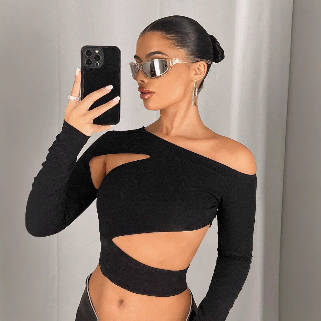 New Slim Fit Diagonal Collar Strapless Sexy Off-the-shoulder Navel T-shirt