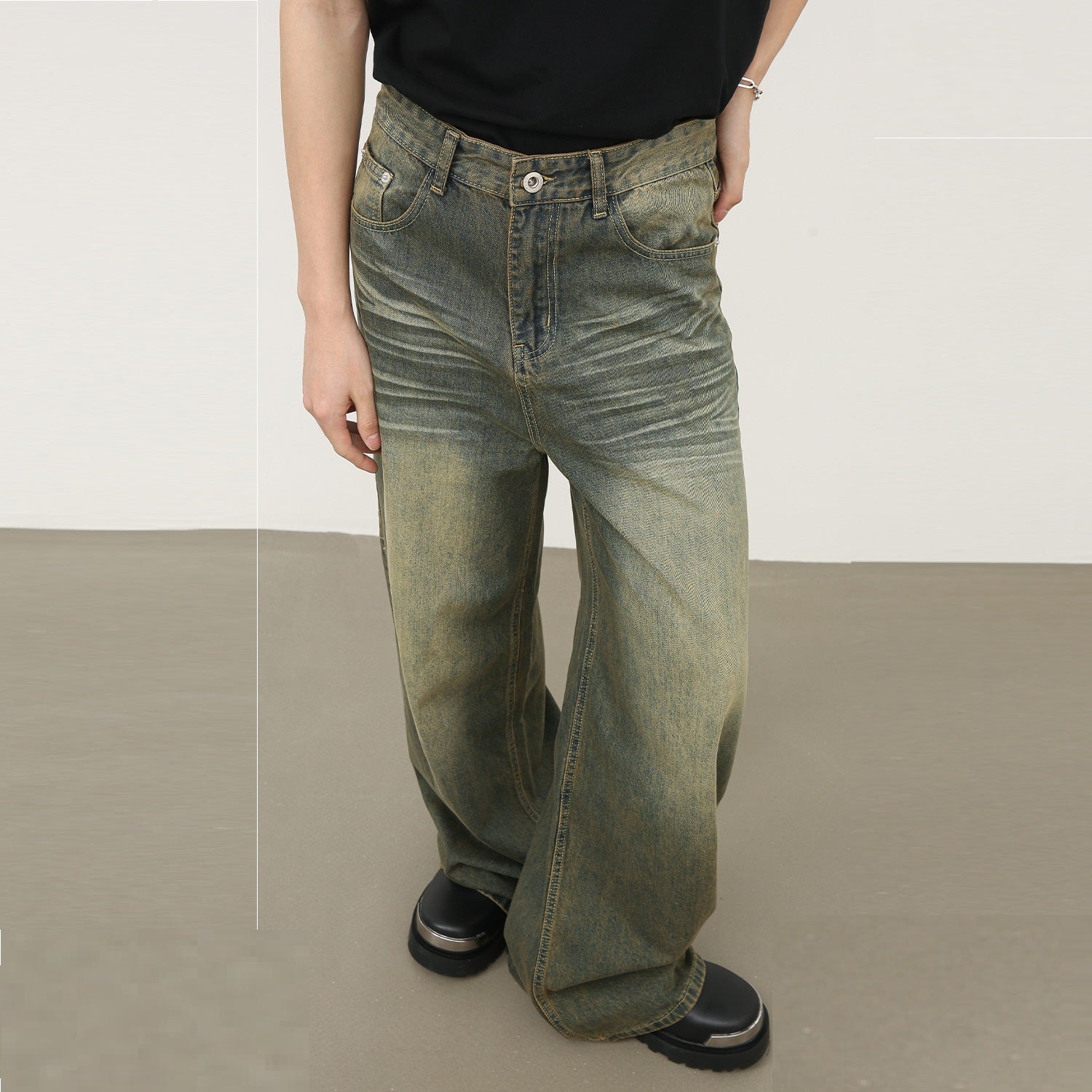 American Retro Cyan Washed Jeans With Whiskers Men