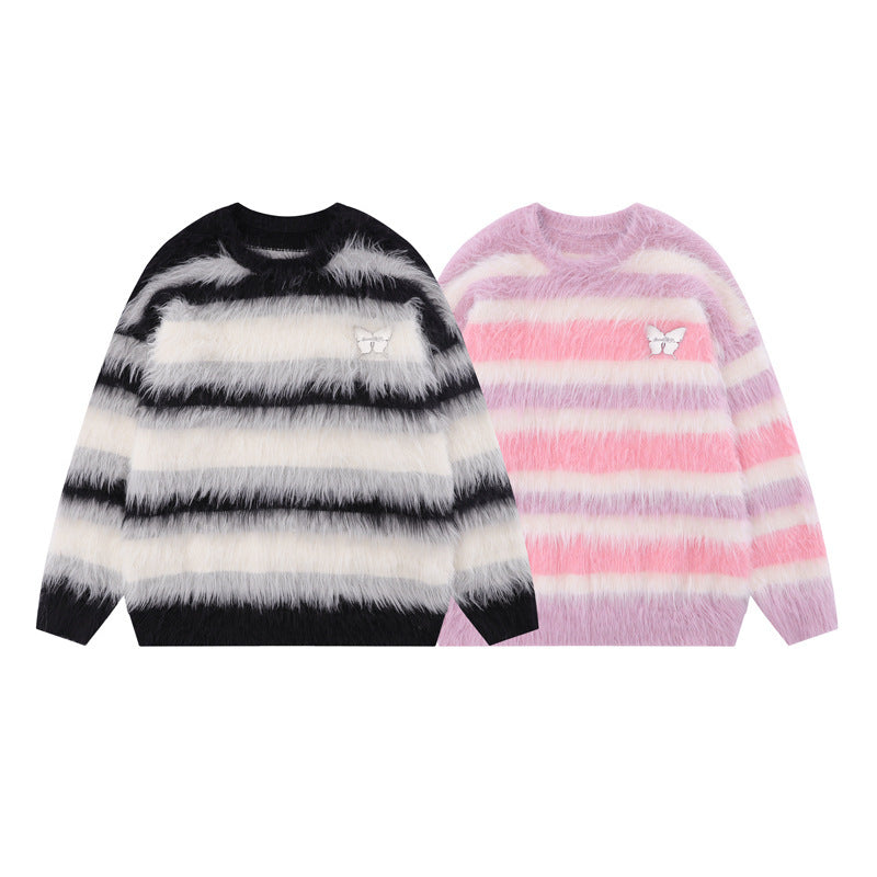 Contrast Color Striped Round Neck Sweater For Men And Women