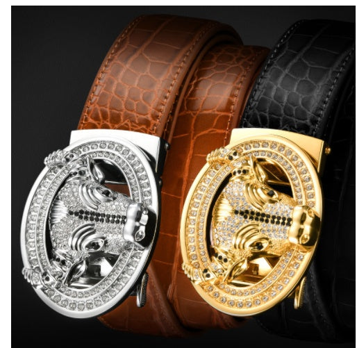 Automatic Buckle Leather With Diamond-studded Pattern Bull Head Belt