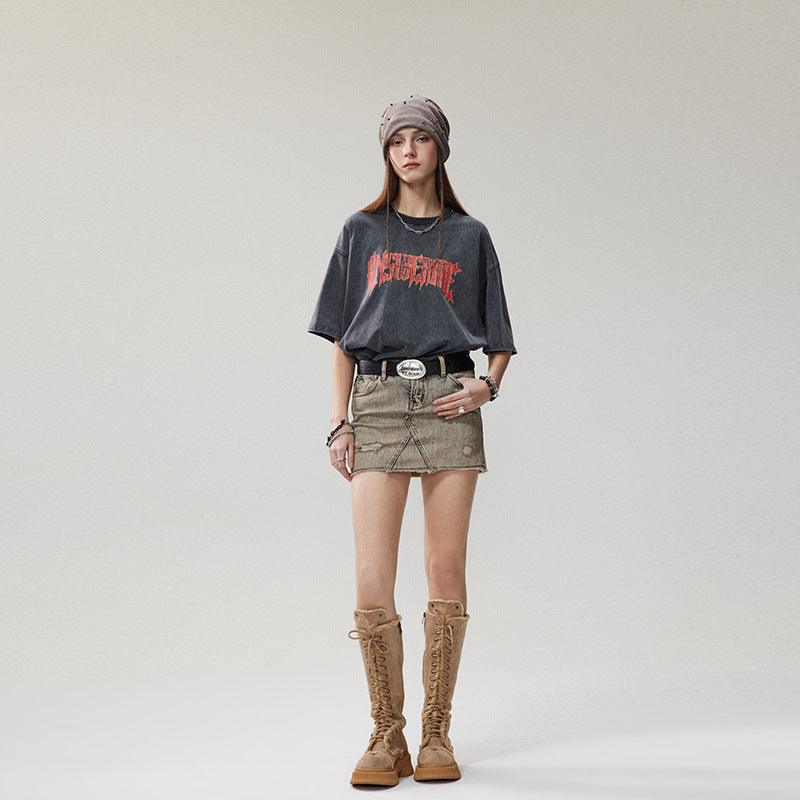 Summer Retro Worn Looking Washed-out Letter Print Short-sleeve T-shirt