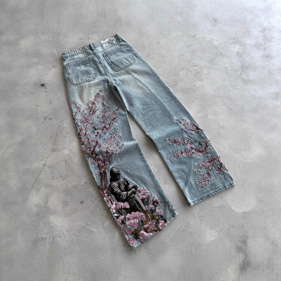 Women's Fashion Personalized Plum Embroidered Jeans