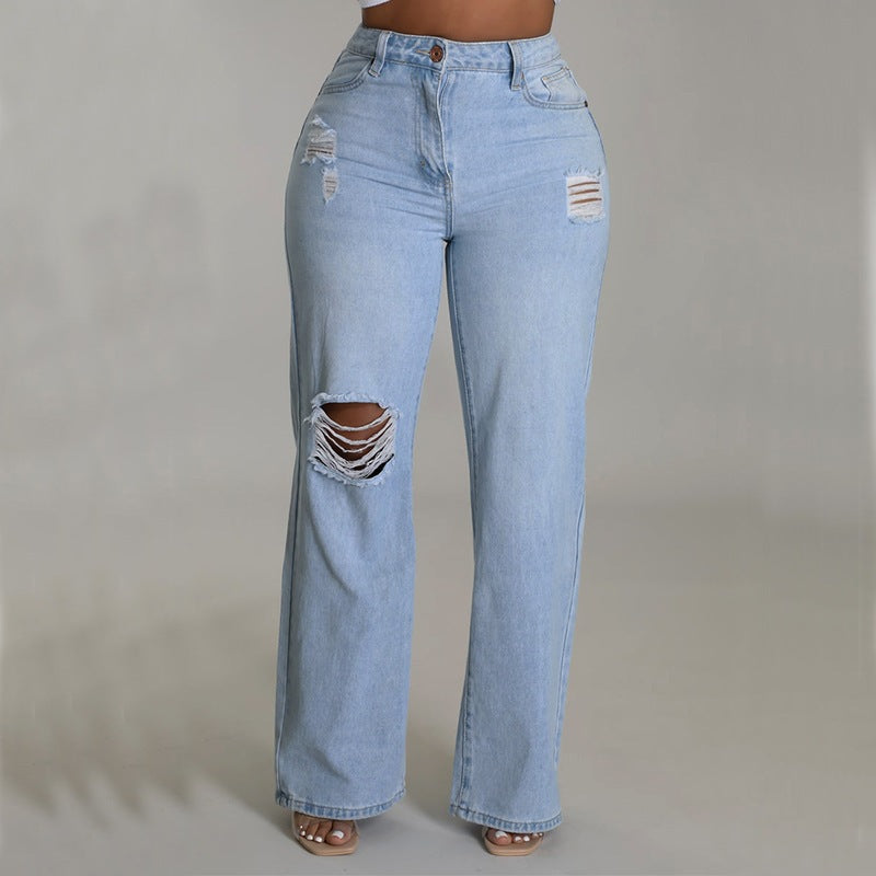Women's Ripped Jeans Straight-leg Pants