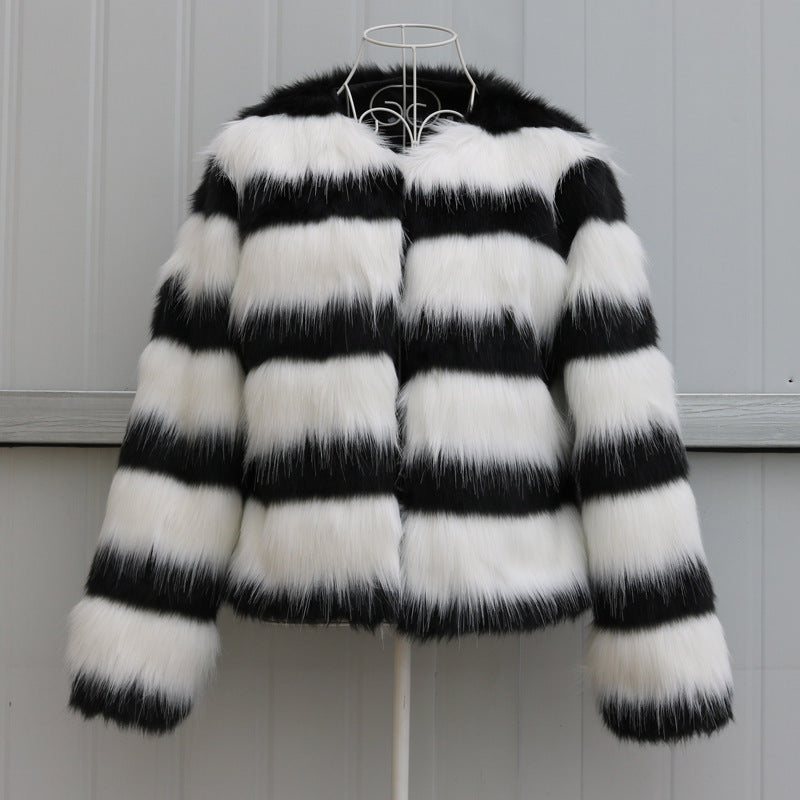 Warm Black And White Striped Long-sleeved Leather Jacket