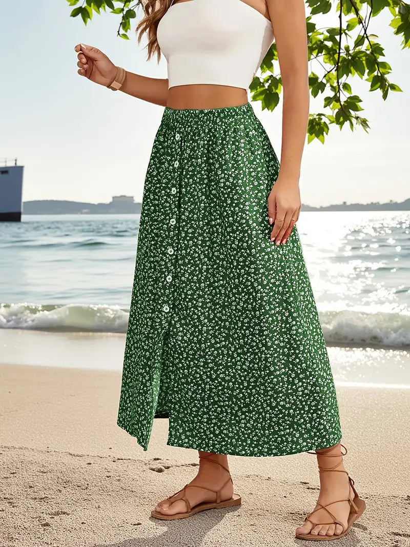 European And American Printed Breasted Self-tie Summer Pastoral A- Line Skirt Advanced Skirt