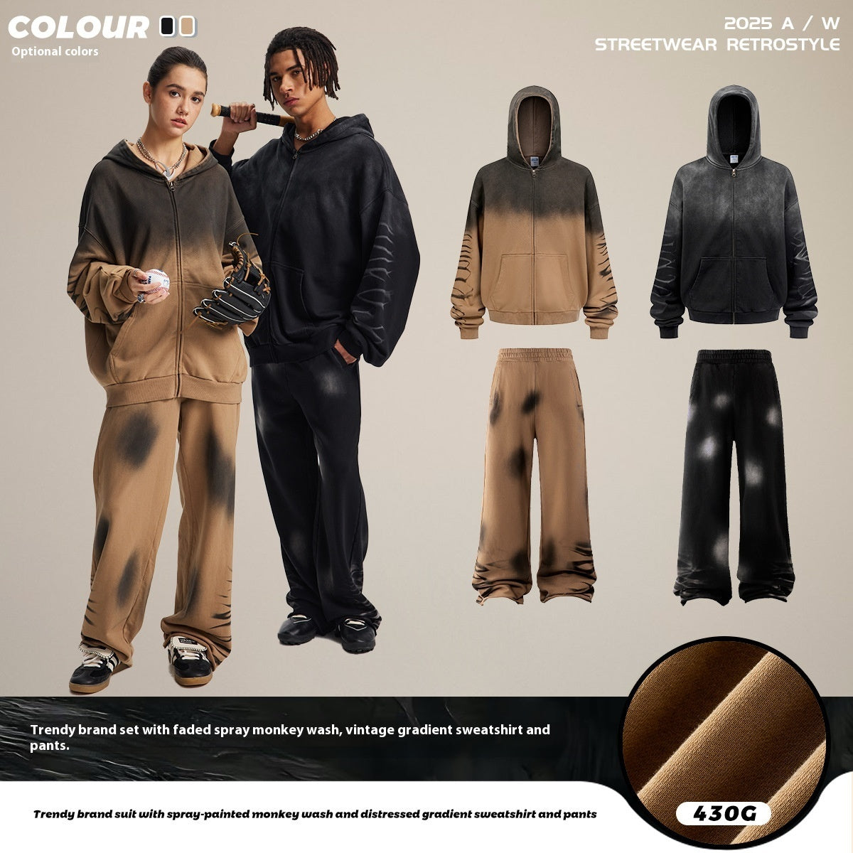 Hooded Suits Monkey Wash Washed And Worn Gradient Sweater Pants Men