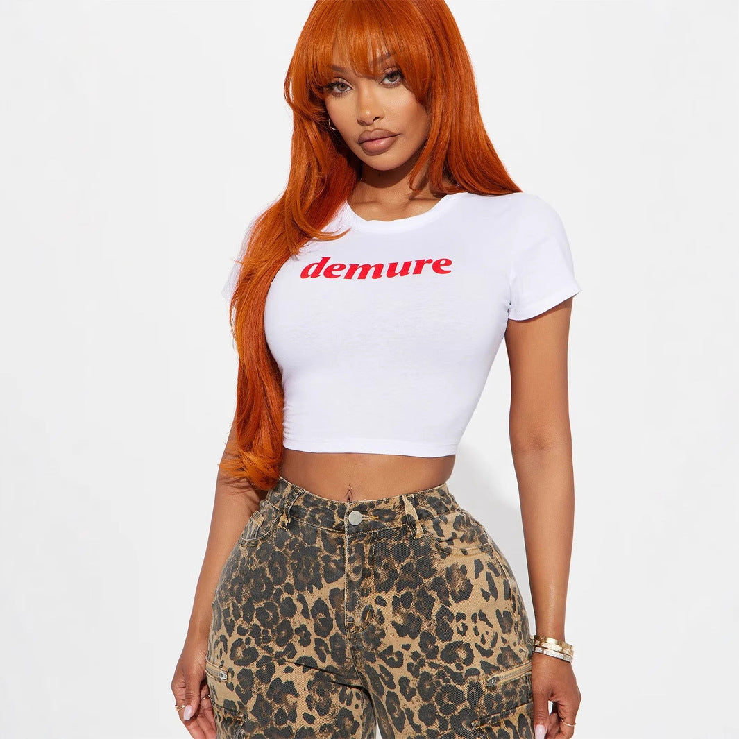 Round Neck Midriff-baring Cropped T-shirt Short Sleeve