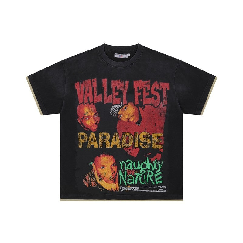 Retro Figure Printed Summer High Street Men And Women Loose Leisure Washed-out Distressed Short Sleeve