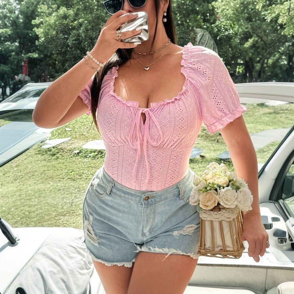 Plus Size Sweet Square Collar Slimming Slim And Sexy Short Sleeve Top