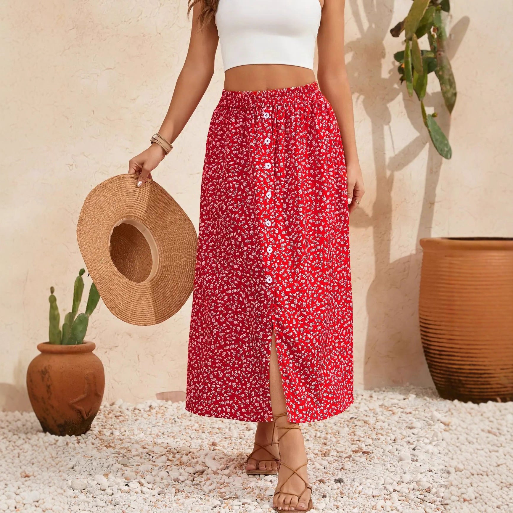 European And American Printed Breasted Self-tie Summer Pastoral A- Line Skirt Advanced Skirt