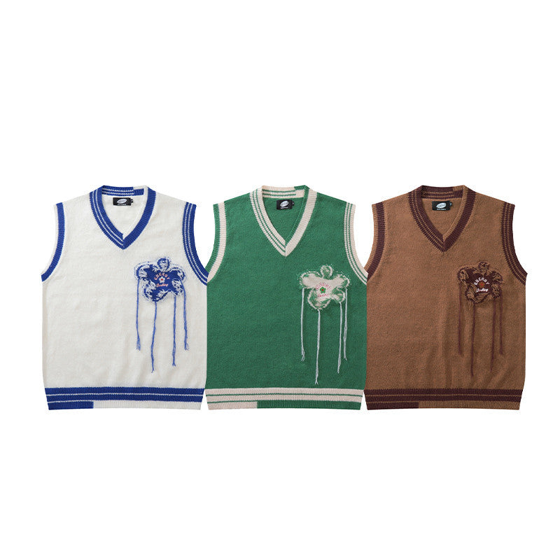 Tide Brand Flower Knitted Loose For Men And Women Sweater Vest