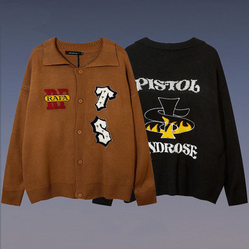 American High Street Letter Embroidery Design Lapel Sweater