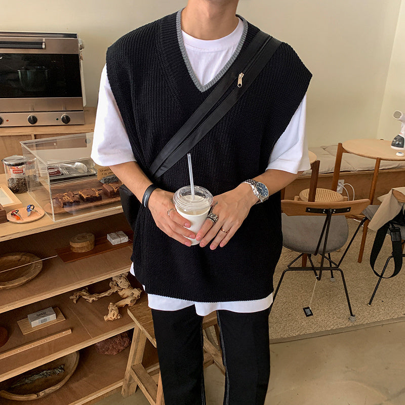 Knitted V-neck Vest Men's Korean Style Trend Sleeveless Vest Loose College Style Sweetheart Neck Vest
