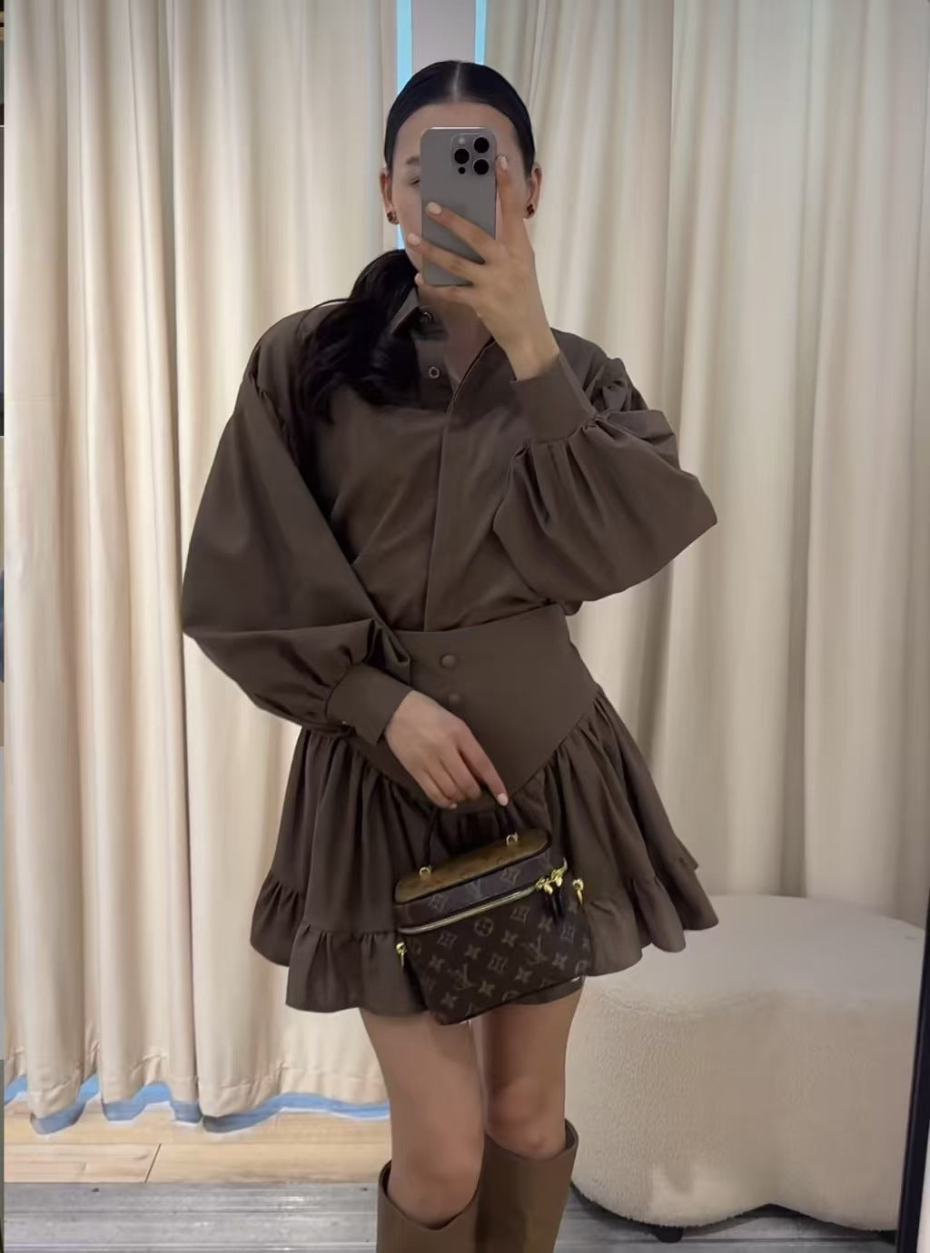 Lantern Sleeve Shirt Ruffled Skirt Suit Women