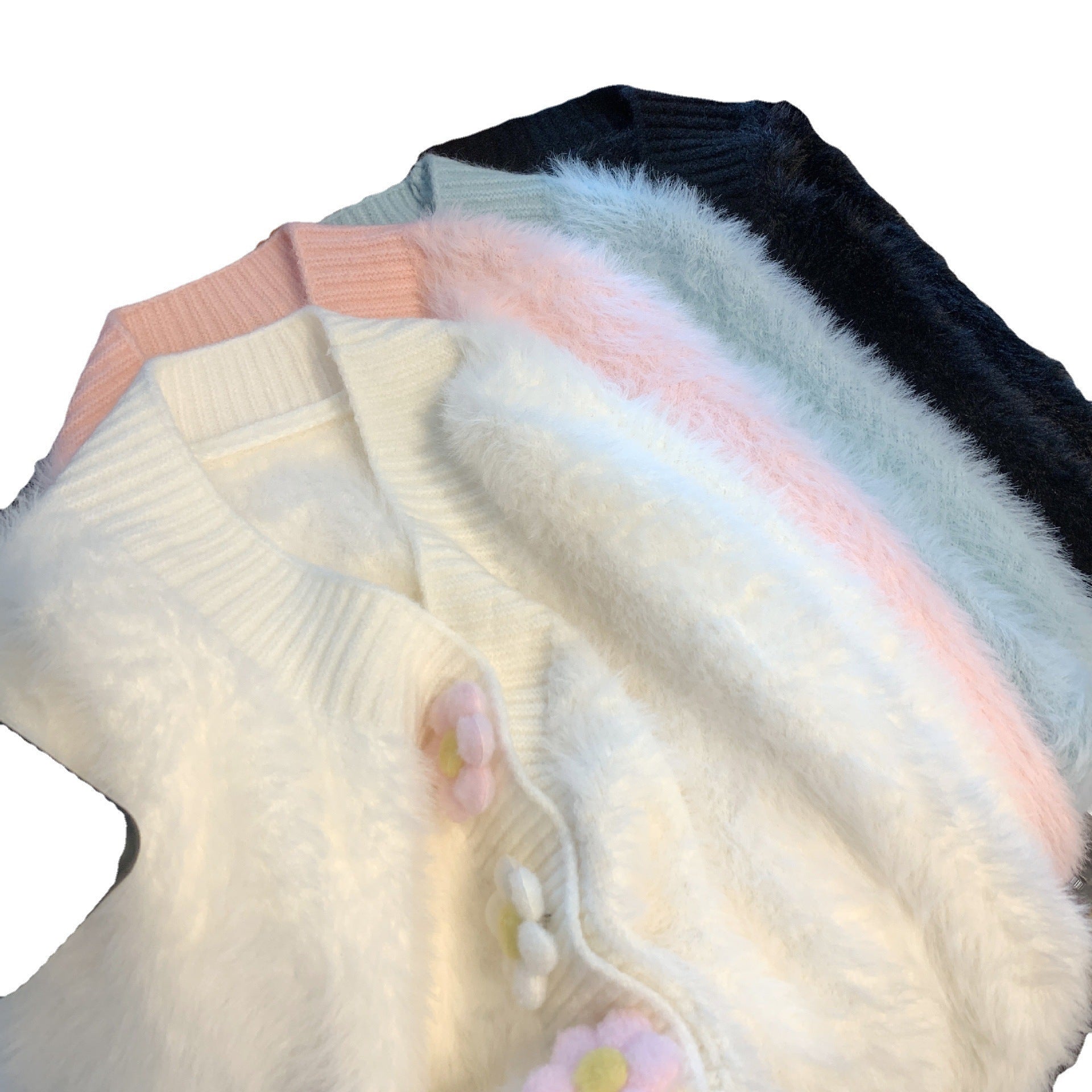 Women's Mink Fur Knitted Three-dimensional Flower V-neck Sweater Coat