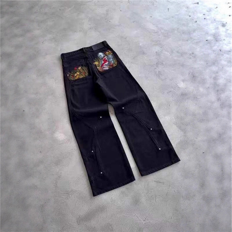 Men's Loose Casual Printed Black Straight Leg Jeans