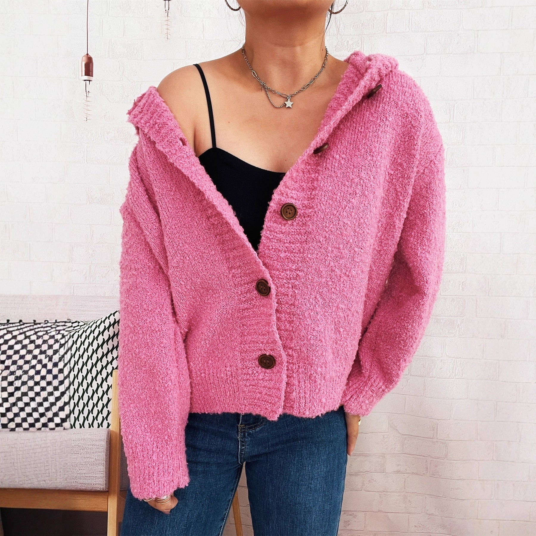 Casual Thickening Hooded Single-breasted Knitted Cardigan Solid Color Sweater Coat