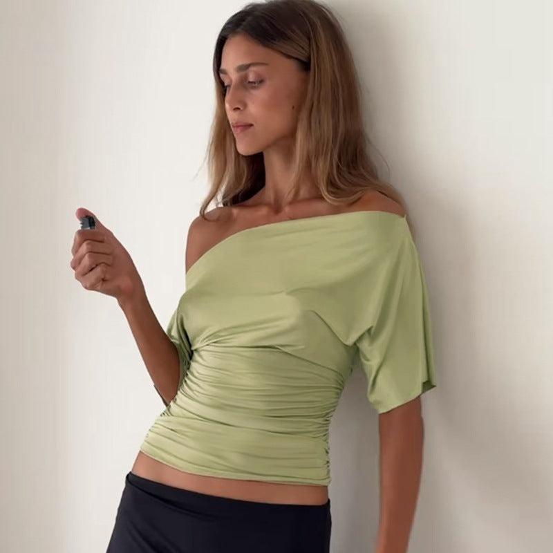 Women's Summer Off-the-shoulder Short Sleeve Pleated Waist Slimming T-shirt