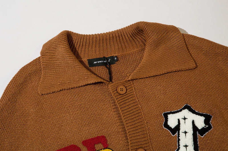 American High Street Letter Embroidery Design Lapel Sweater