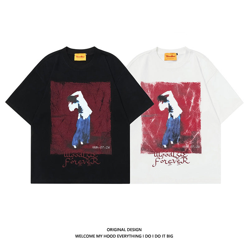 High Street American Retro Oil Painting Printed Round Neck Short Sleeve