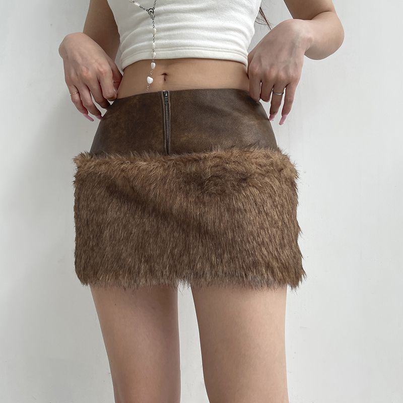 Retro Short Furry Skirt Fox Fur