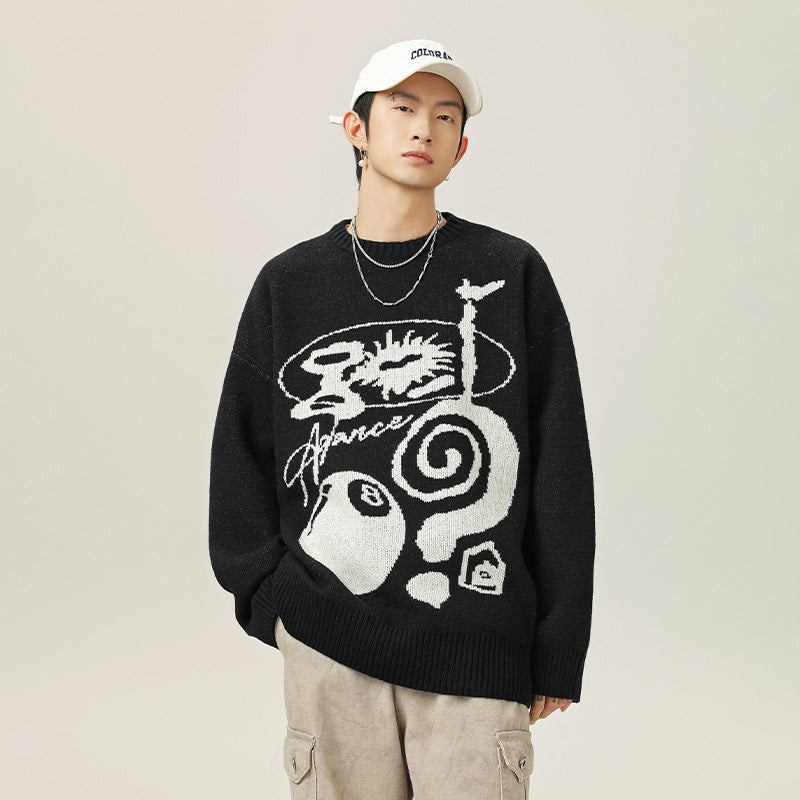 Plush American Hand Drawn Brocade Sweater Men's Autumn Winter Retro Loose