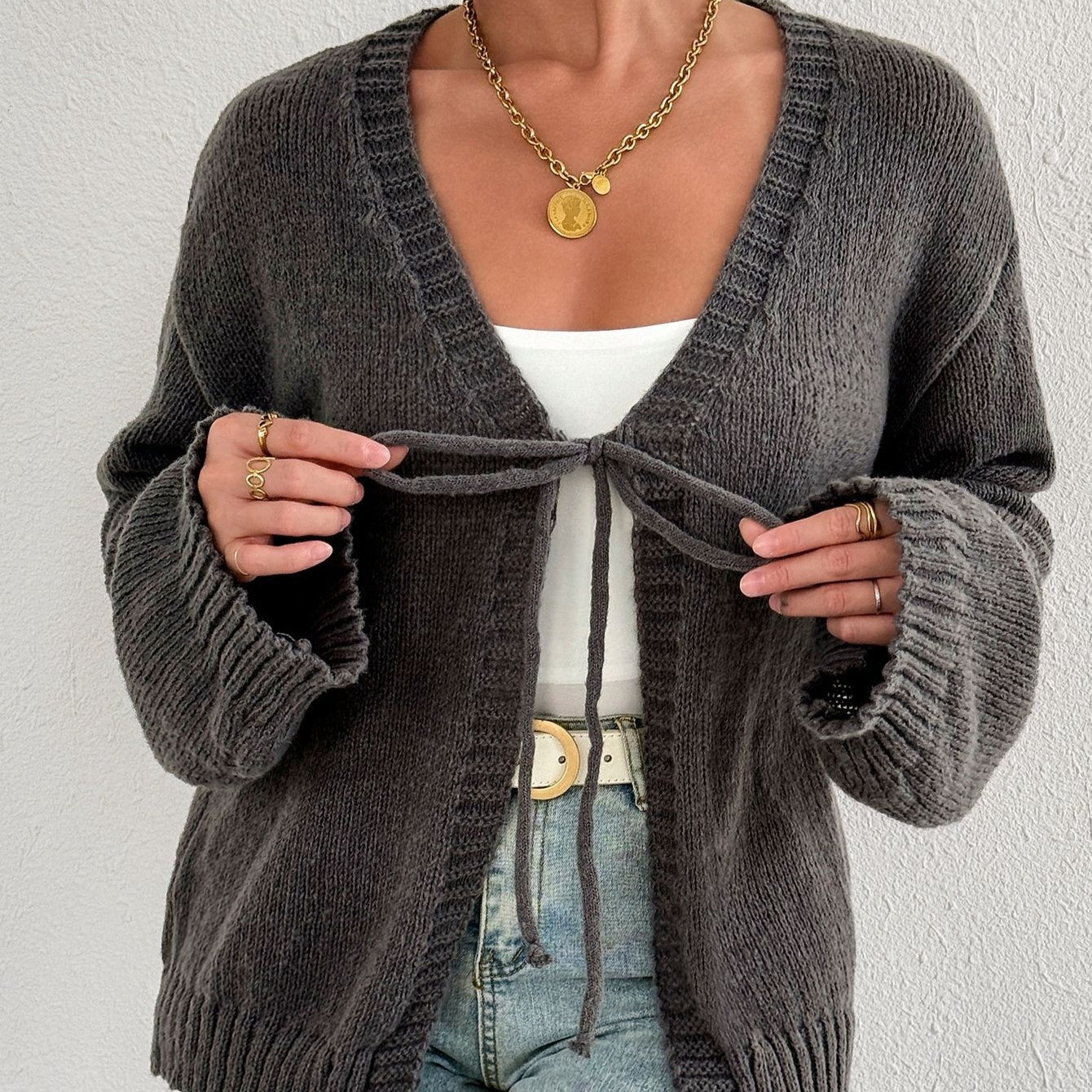 Sexy Deep V-neck Lace-up Knitted Solid Color Long Sleeve Sweater Coat