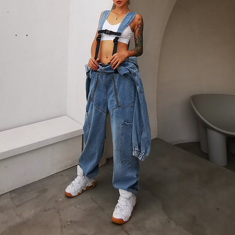 Fashion Casual Hooded Straight Leg Loose-Fitting Jeans Jumpsuit