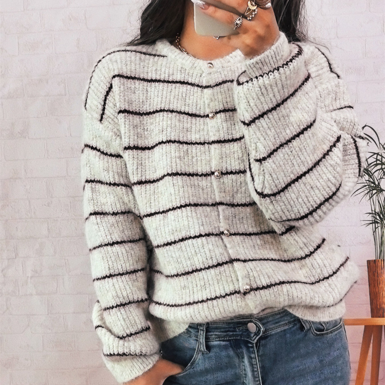 Simple Slim-fit Round Neck Single-breasted Striped Contrast Color Sweater Women's Coat