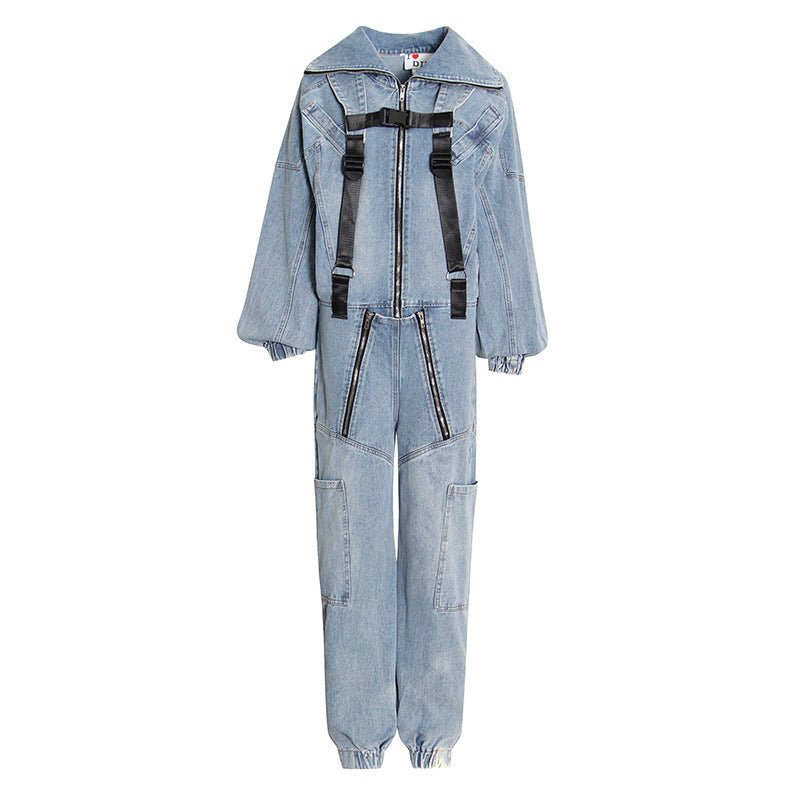 Fashion Casual Hooded Straight Leg Loose-Fitting Jeans Jumpsuit