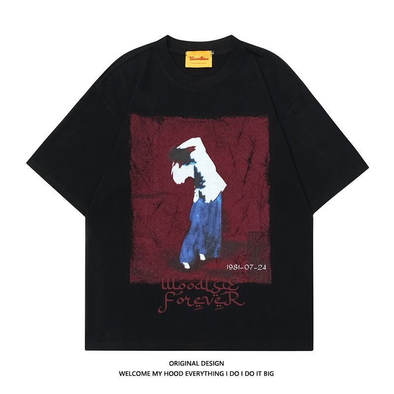 High Street American Retro Oil Painting Printed Round Neck Short Sleeve