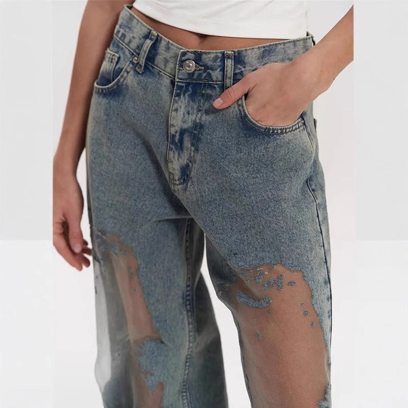 Retro Straight-leg Pants Hollow Texture Niche Design Jeans Y2g Wide Leg Trousers