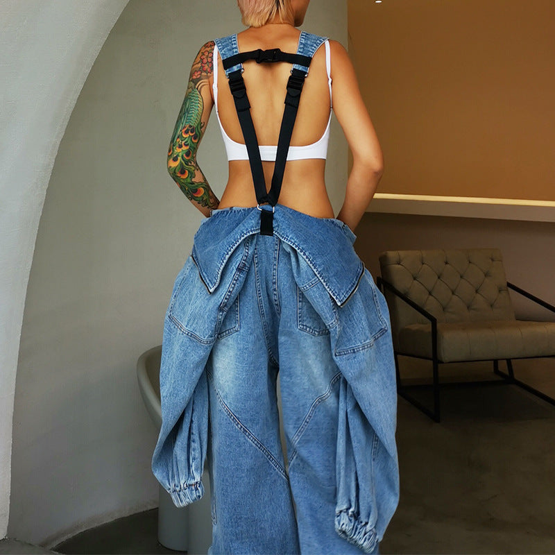 Fashion Casual Hooded Straight Leg Loose-Fitting Jeans Jumpsuit