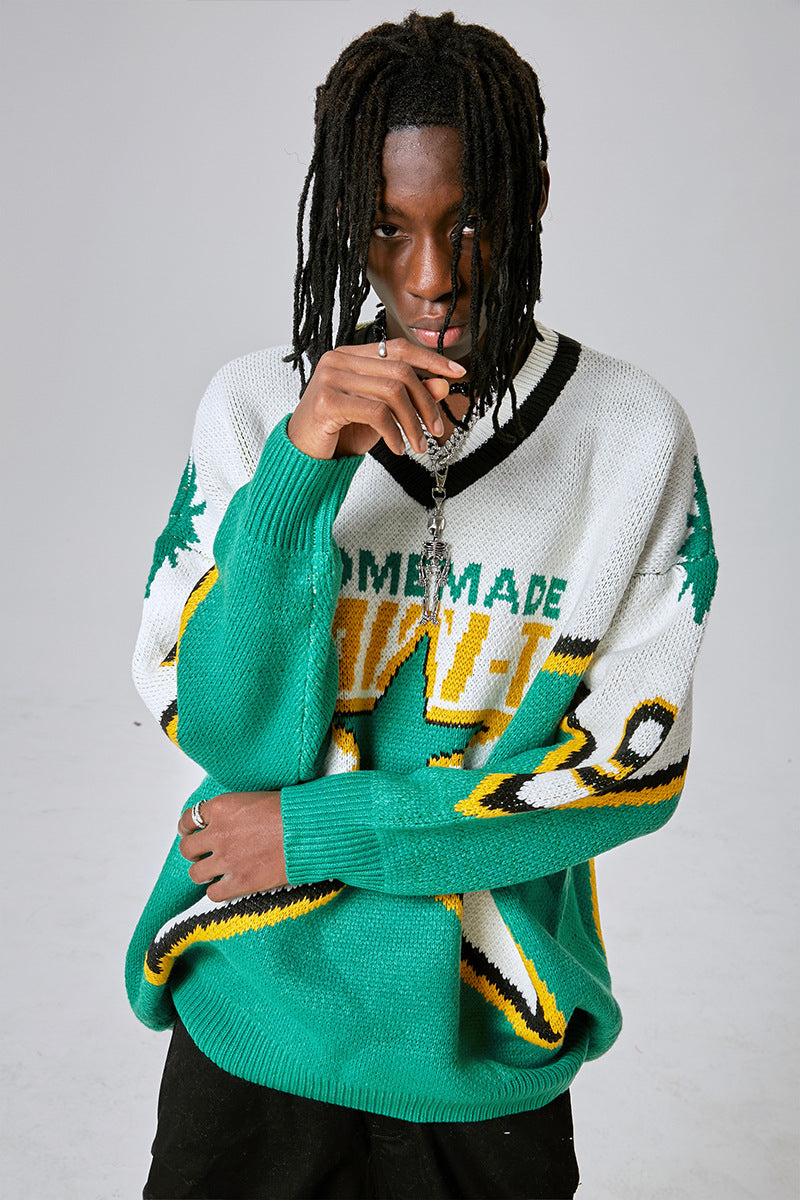 Retro Sweater Men's High Street Letters Embroidered