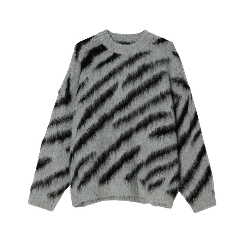 Zebra Pattern Sweater Men Fall Winter Mohair Long-Sleeved Round Neck Sweater Student Knit Sweater Men