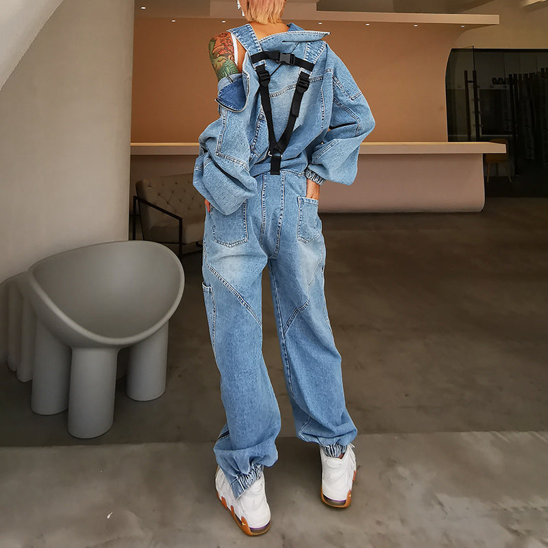 Fashion Casual Hooded Straight Leg Loose-Fitting Jeans Jumpsuit