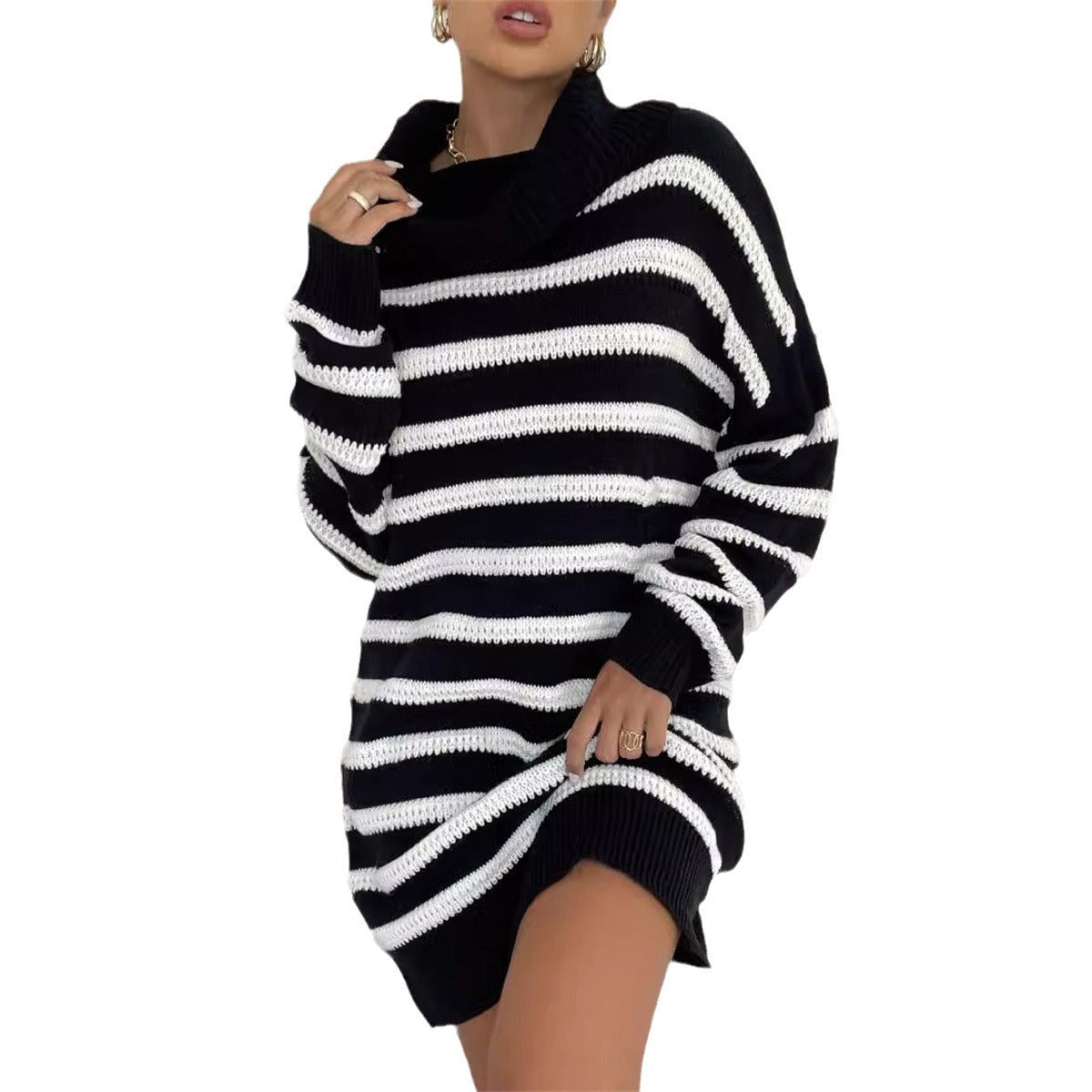Black And White Stitching Woolen Skirt Striped Knitted