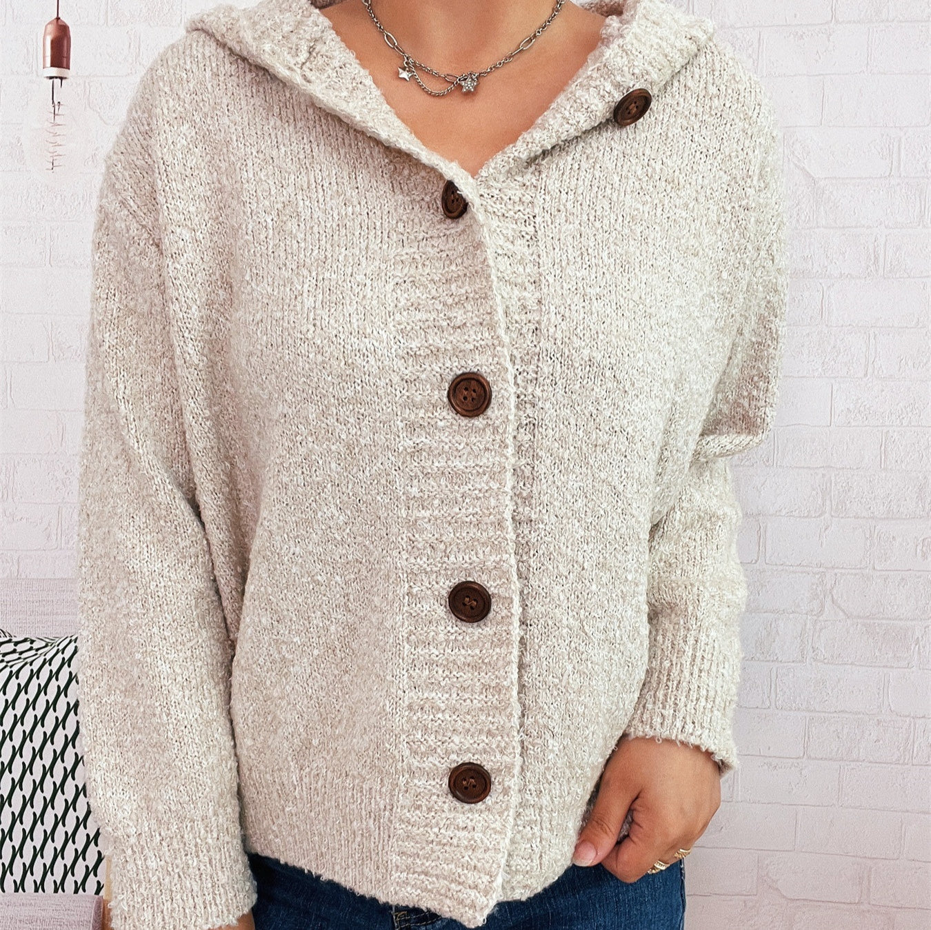 Casual Thickening Hooded Single-breasted Knitted Cardigan Solid Color Sweater Coat