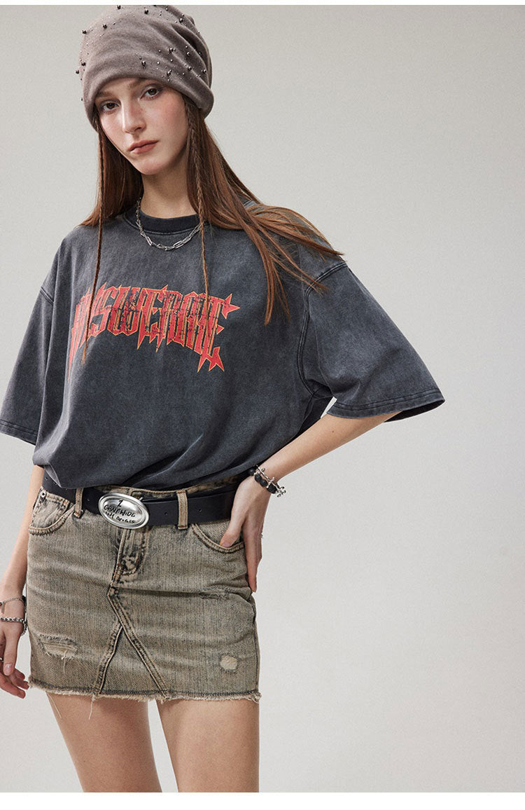 Summer Retro Worn Looking Washed-out Letter Print Short-sleeve T-shirt