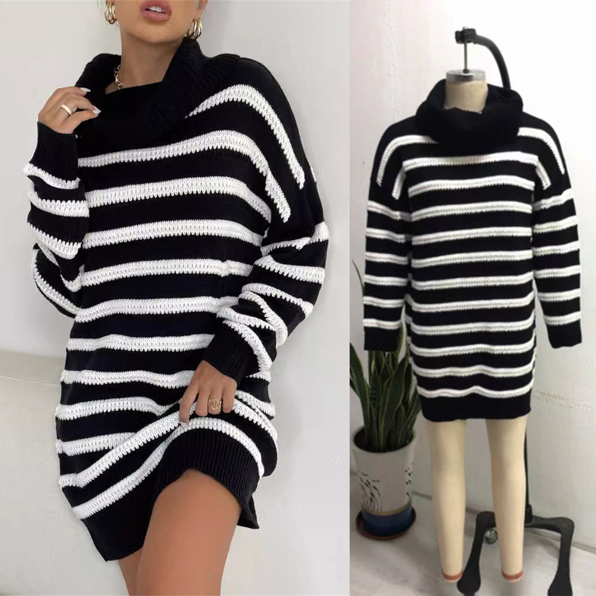 Black And White Stitching Woolen Skirt Striped Knitted