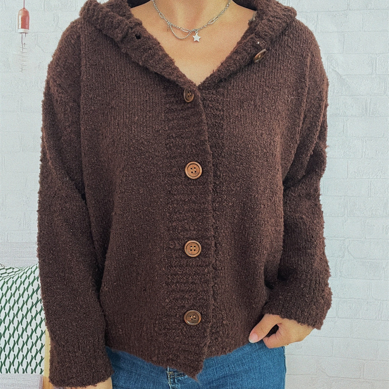 Casual Thickening Hooded Single-breasted Knitted Cardigan Solid Color Sweater Coat