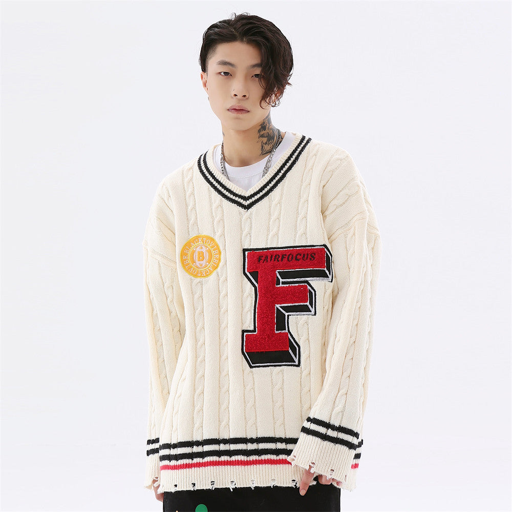 Letter Embroidery Color Blocking V-neck Pullover Sweater For Men