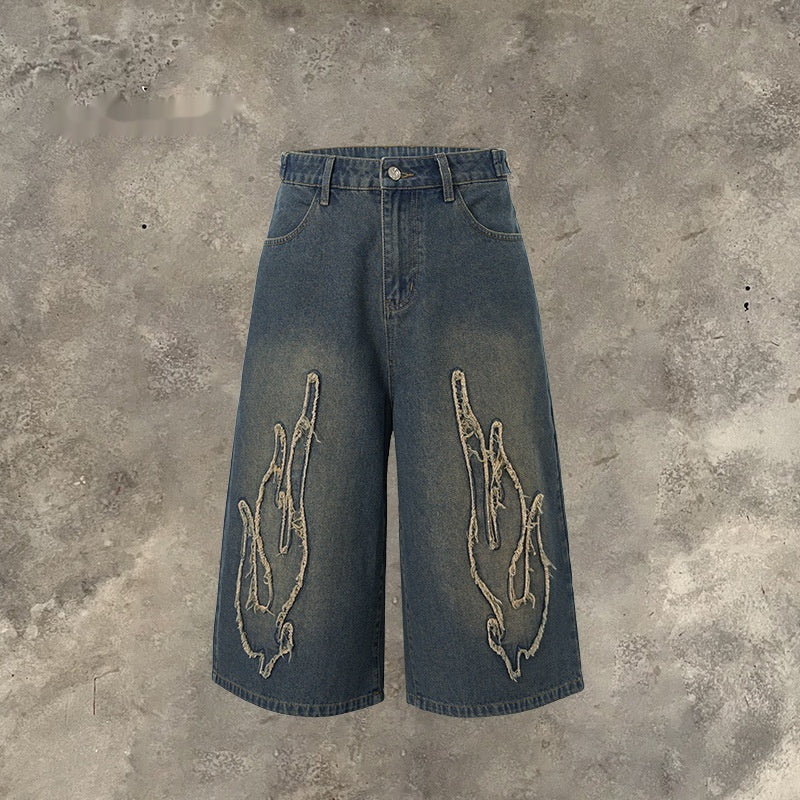 Cropped Patch Flame Embroidery Casual Men's Shorts