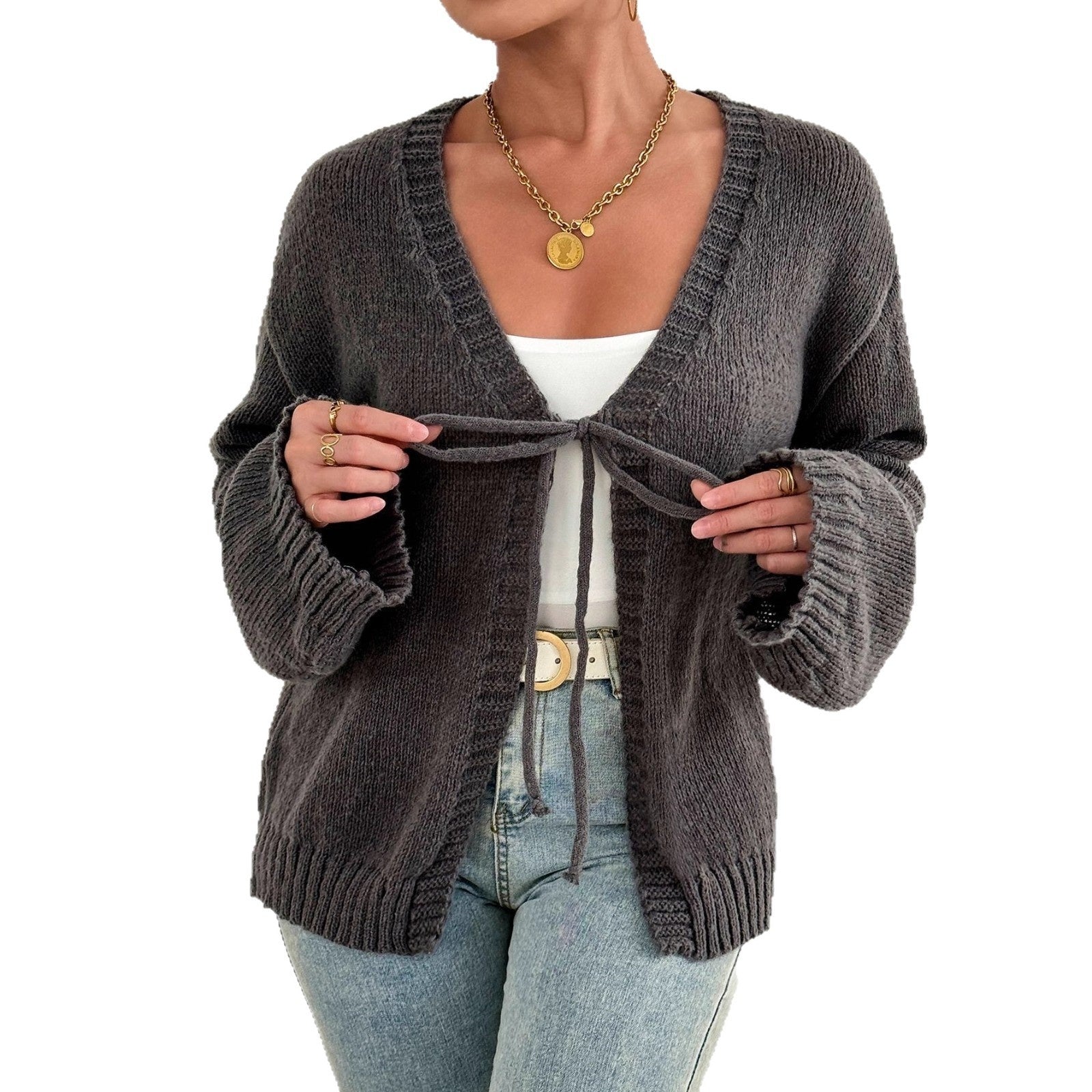 Sexy Deep V-neck Lace-up Knitted Solid Color Long Sleeve Sweater Coat