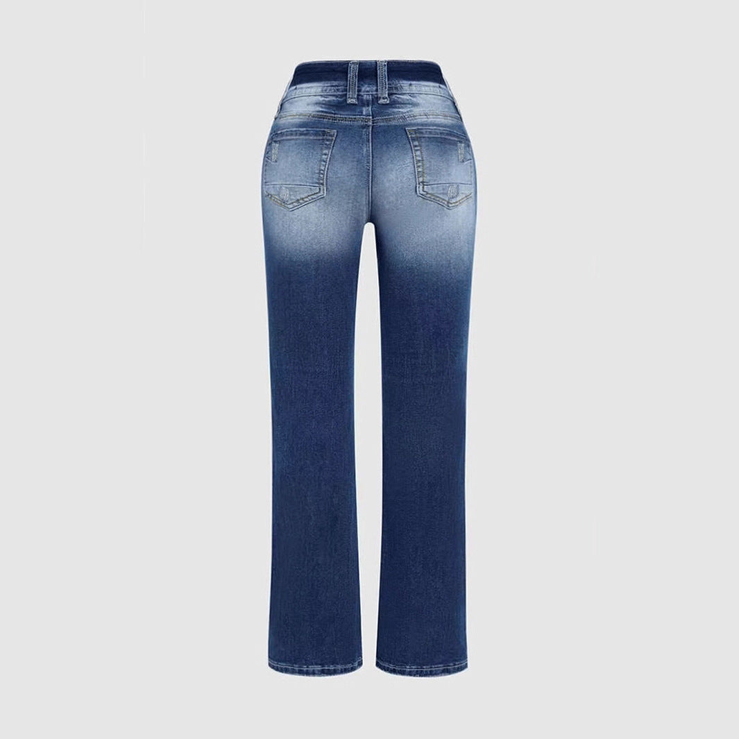 Ladies Mid Waist Stretch Washed Jeans Simple Slim Fit