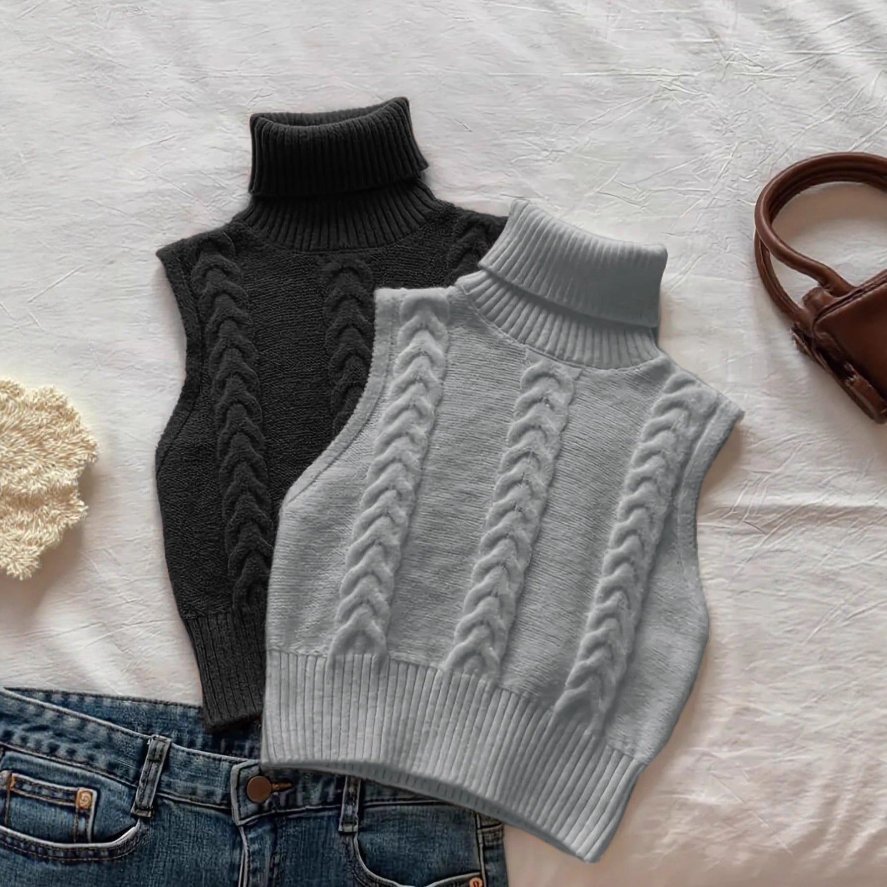 Europe And America Cross Border Spring And Autumn New Fashion Double-sided Cable-knit Turtleneck Sleeveless All-matching Knitted Sweater Vest Top Outer Wear